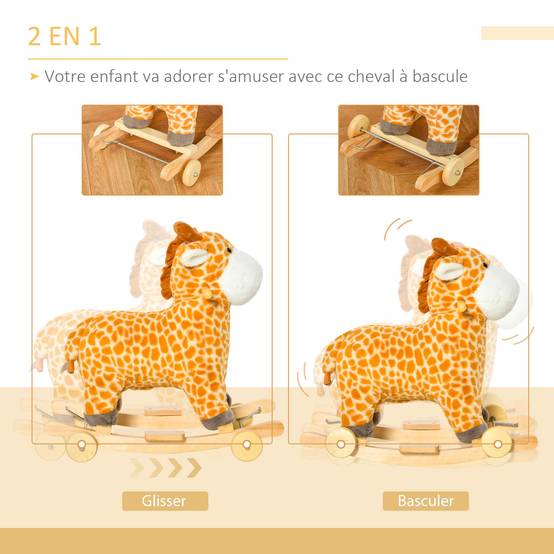 Jouet à Bascule Girafe et Porteur sur roulettes 2 en 1 Fonction sonore mugissement Bois peuplier Peluche Courte Polyester tacheté - Image 10