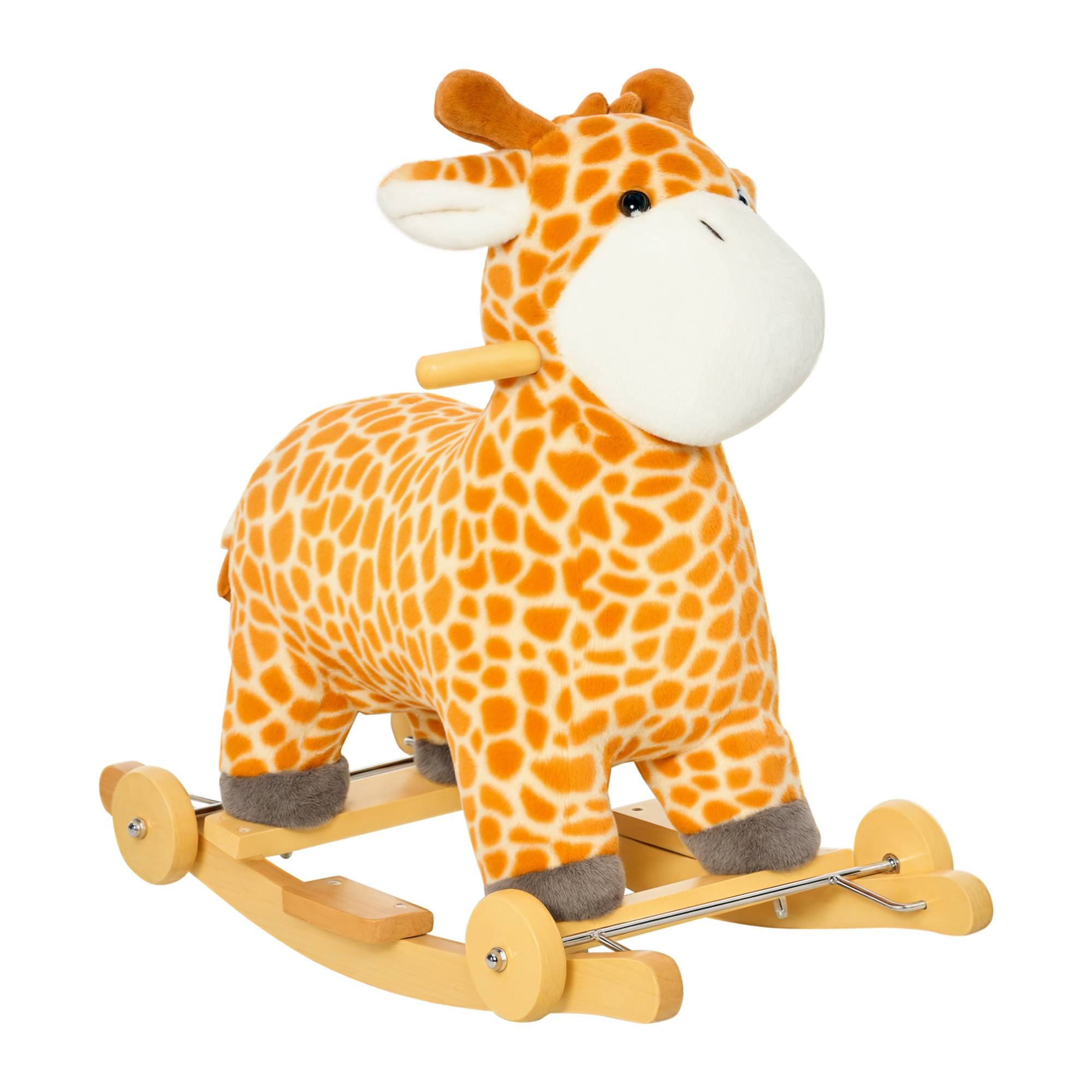 Jouet à Bascule Girafe et Porteur sur roulettes 2 en 1 Fonction sonore mugissement Bois peuplier Peluche Courte Polyester tacheté - Image 1