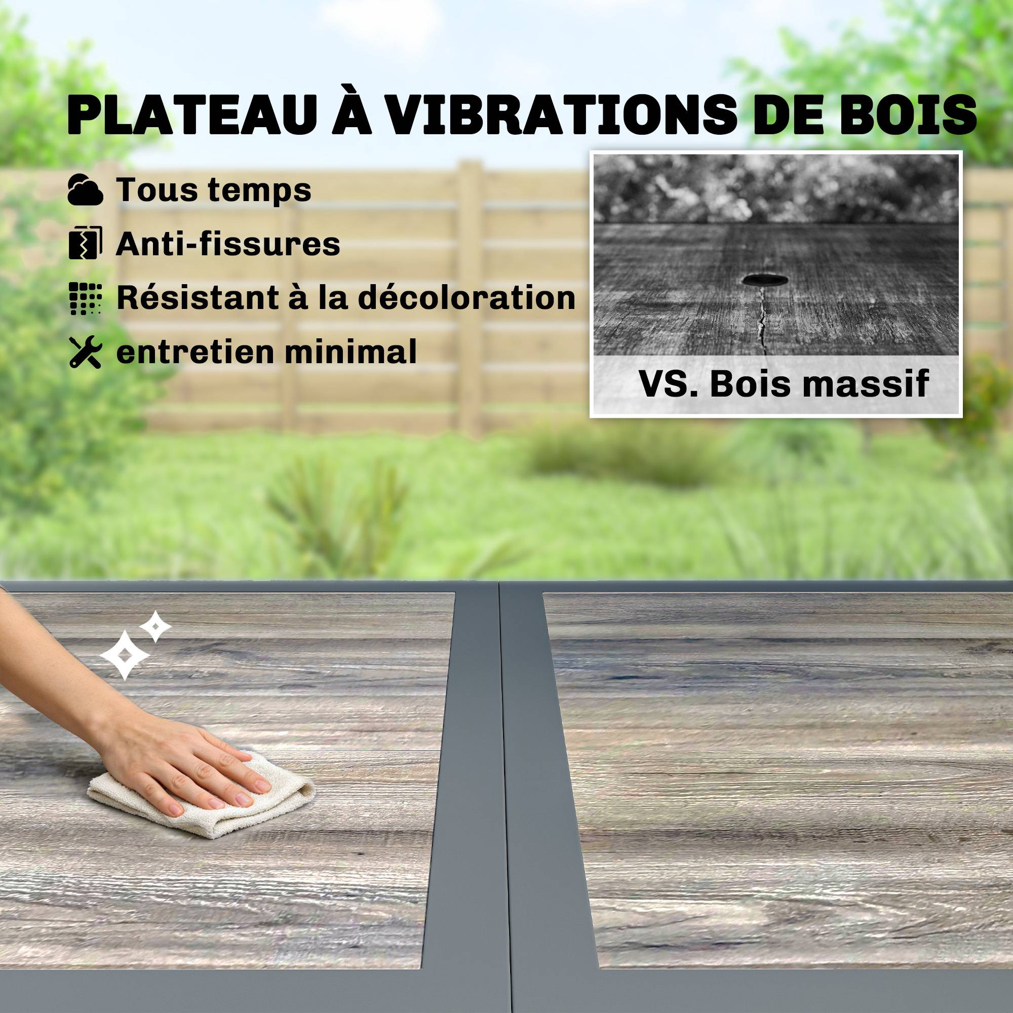 Table de jardin pour 4 à 6 personnes, table à manger extérieure avec plateau à effet bois, 140 x 80 x 72 cm, gris foncé - Image 6