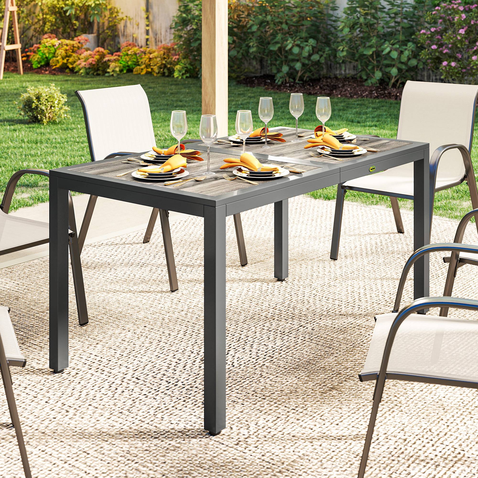 Table de jardin pour 4 à 6 personnes, table à manger extérieure avec plateau à effet bois, 140 x 80 x 72 cm, gris foncé - Image 8
