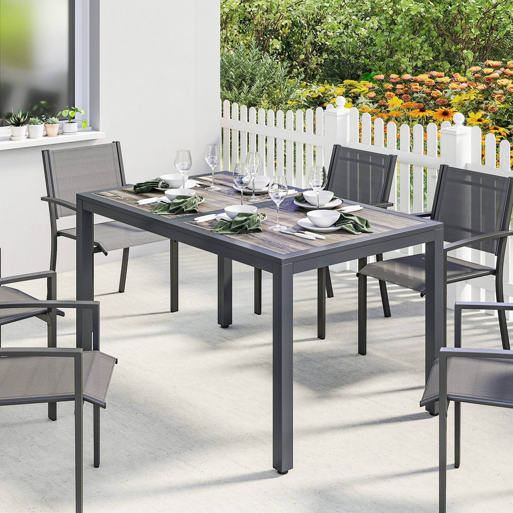 Table de jardin pour 4 à 6 personnes, table à manger extérieure avec plateau à effet bois, 140 x 80 x 72 cm, gris foncé - Image 2