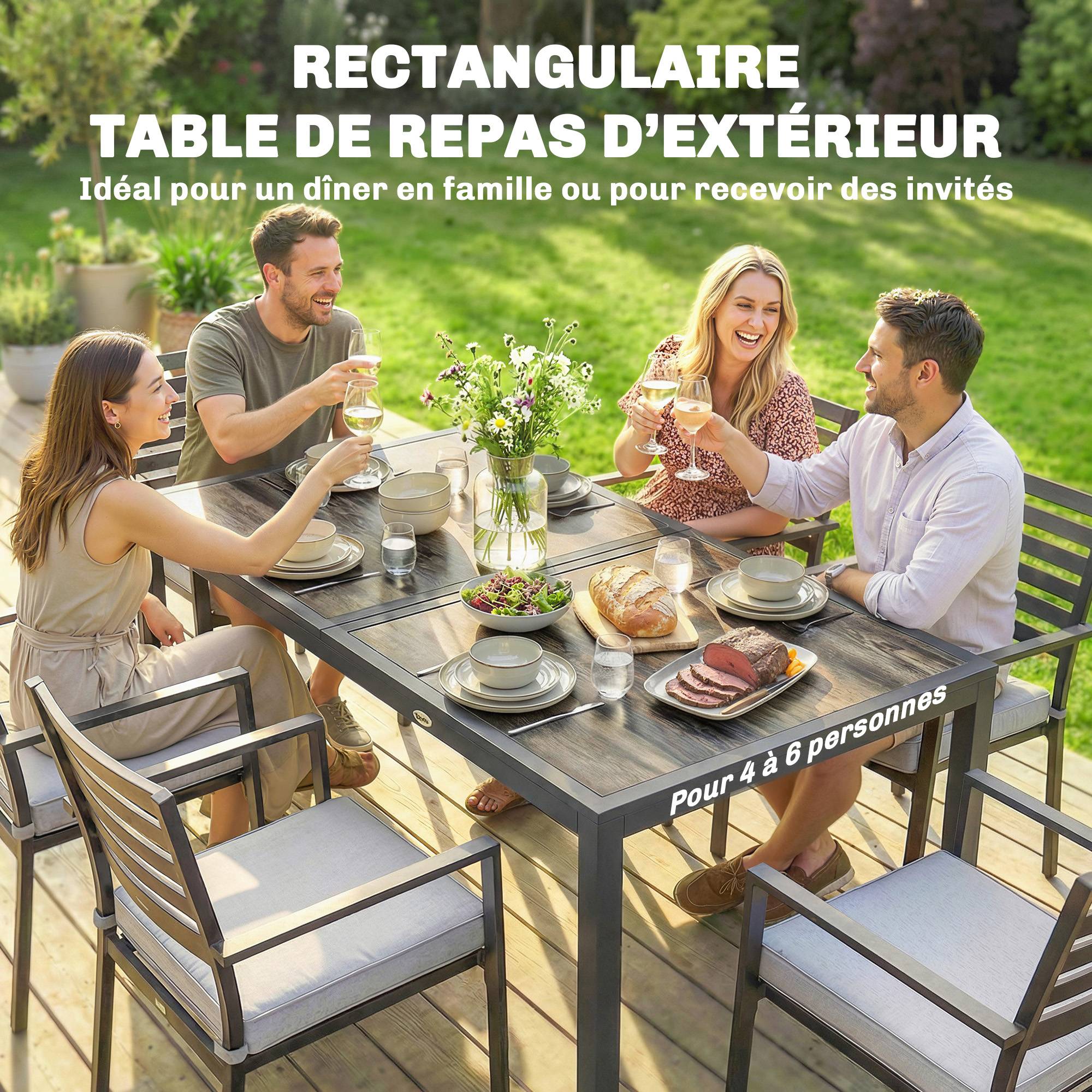 Table de jardin pour 4 à 6 personnes, table à manger extérieure avec plateau à effet bois, 140 x 80 x 72 cm, gris foncé - Image 5