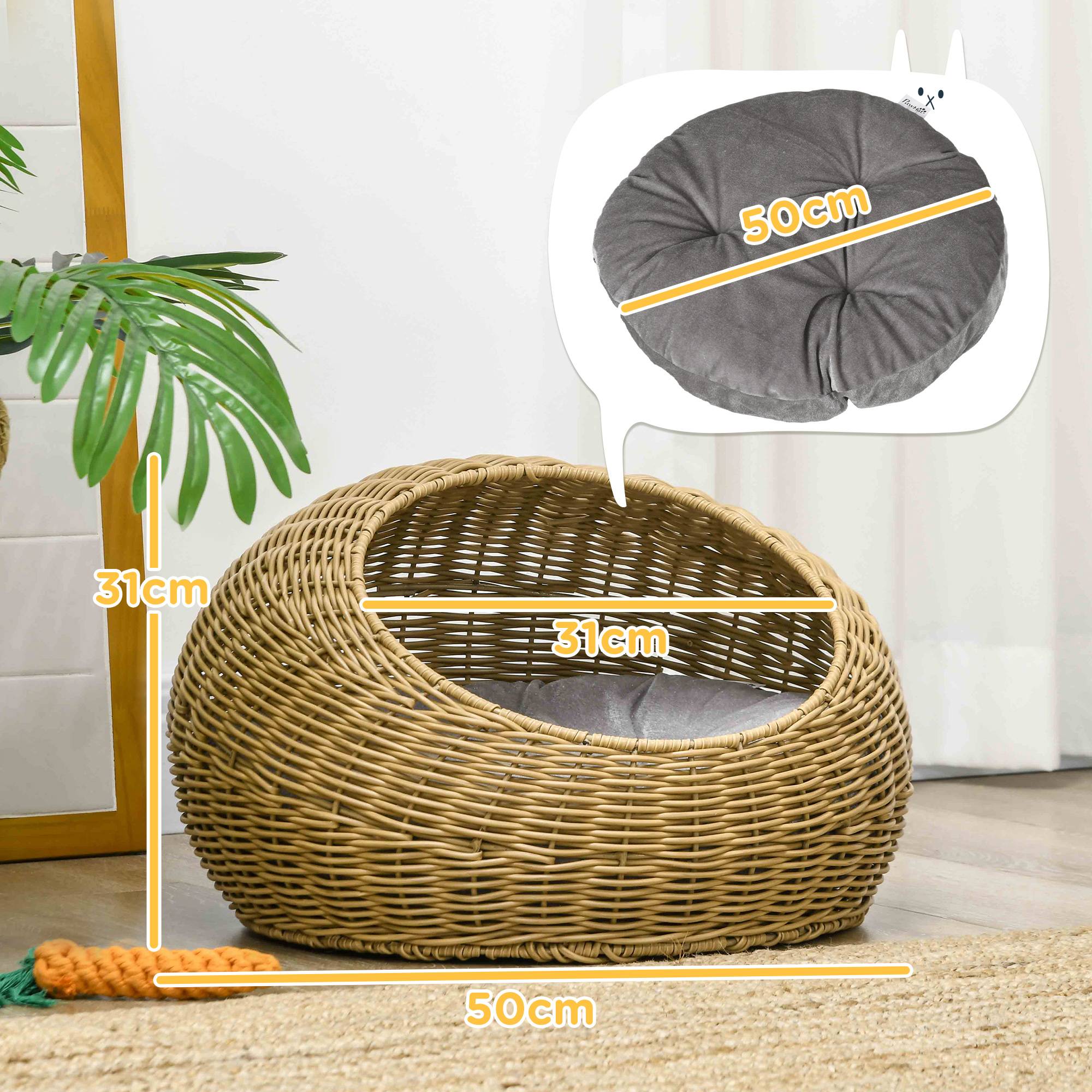 Sans Marque - Niche pour chat avec coussin lavable, pour chats jusqu'à 4 kg, usage intérieur, rotin artificiel, Ø50 x 31 cm, marron clair - Image 5