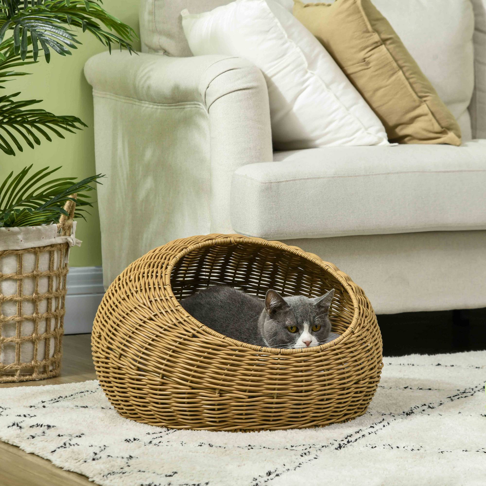 Sans Marque - Niche pour chat avec coussin lavable, pour chats jusqu'à 4 kg, usage intérieur, rotin artificiel, Ø50 x 31 cm, marron clair - Image 3