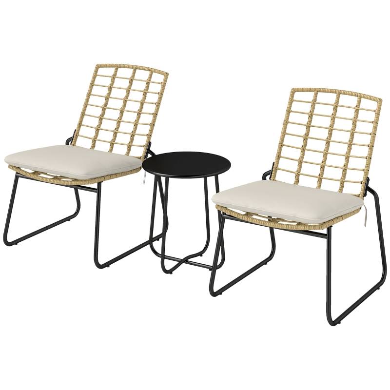 Salon de Jardin 2 Places avec Table et Chaises Empilables, Résine Tressée Beige et Marron - Image 1