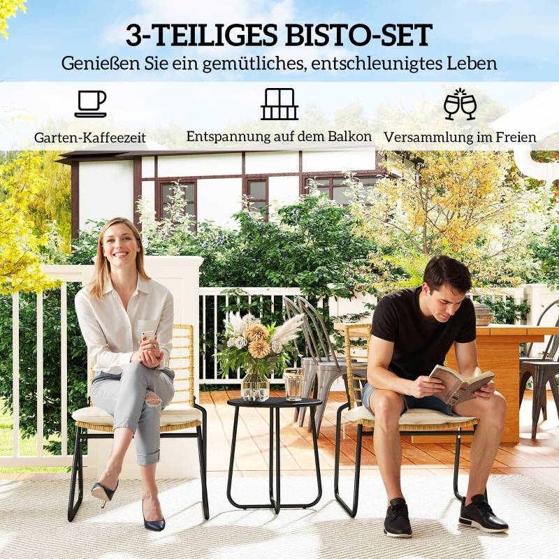 Salon de Jardin 2 Places avec Table et Chaises Empilables, Résine Tressée Beige et Marron - Image 7