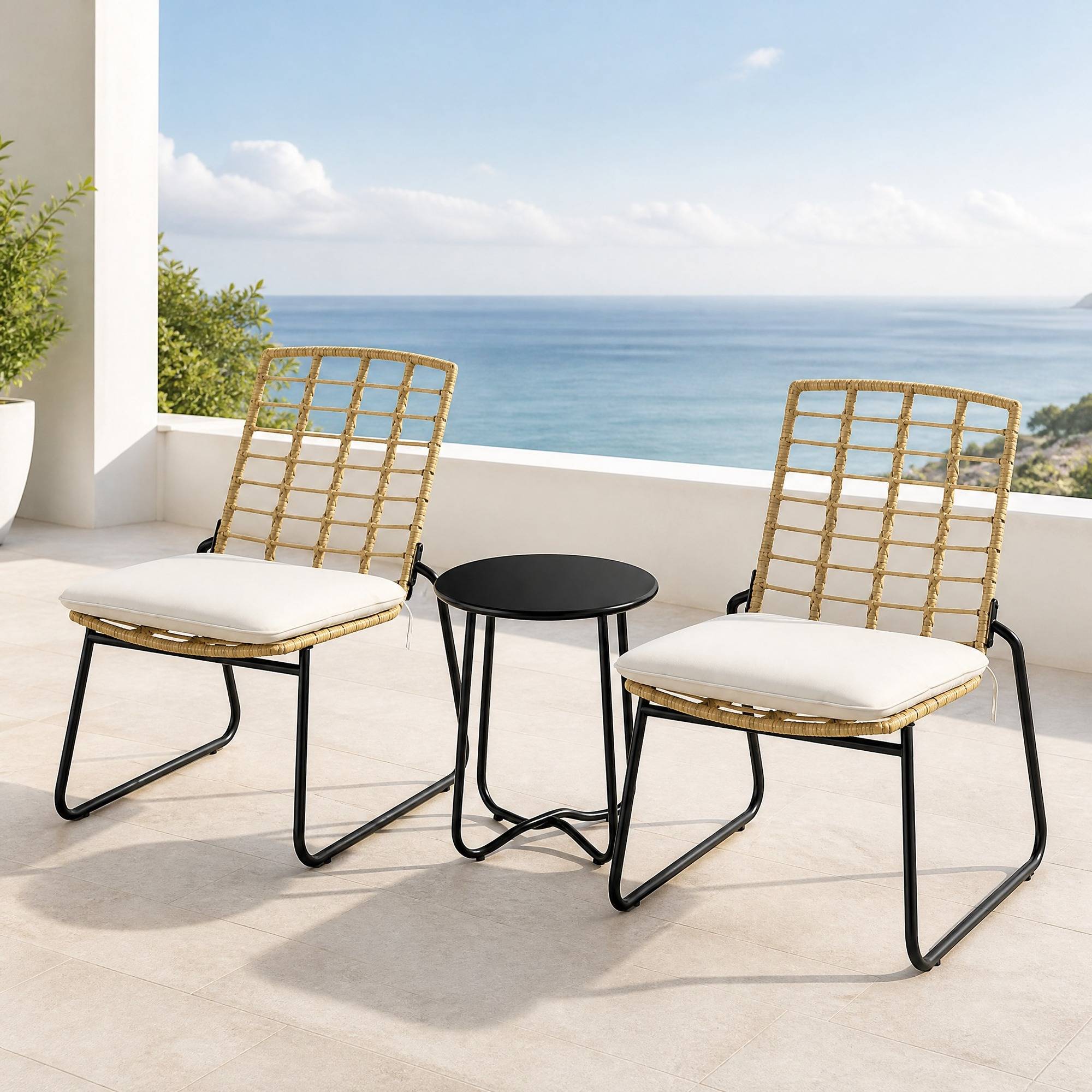 Salon de Jardin 2 Places avec Table et Chaises Empilables, Résine Tressée Beige et Marron - Image 3