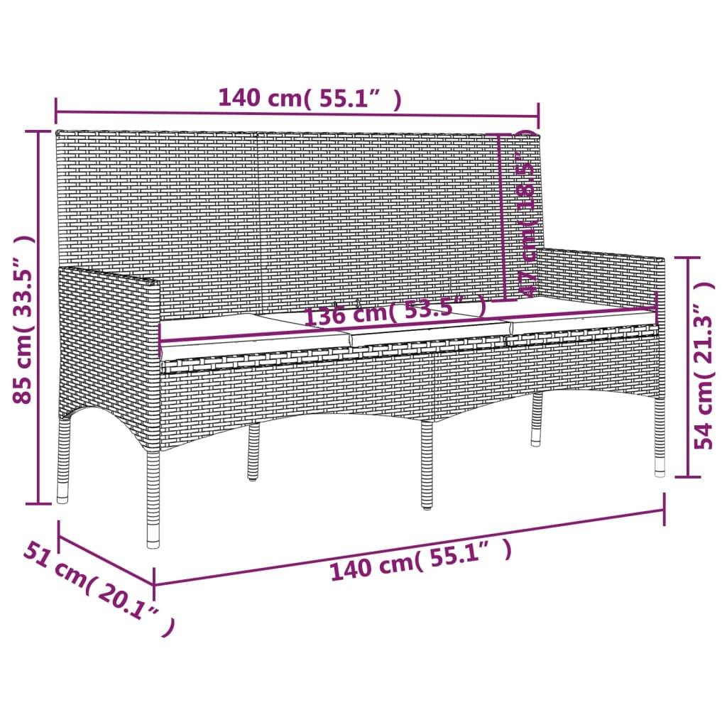 Helloshop26 - Banc de jardin meuble de patio d'extérieur terrasse à 3 places 140 x 51 x 85 cm avec coussins noir résine tressée - Image 6