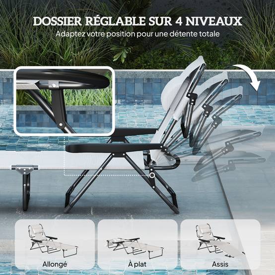 Chaise longue de jardin pliante acier trou de lecture dossier réglable crème - ComfortXL Outdoor Living - Image 7