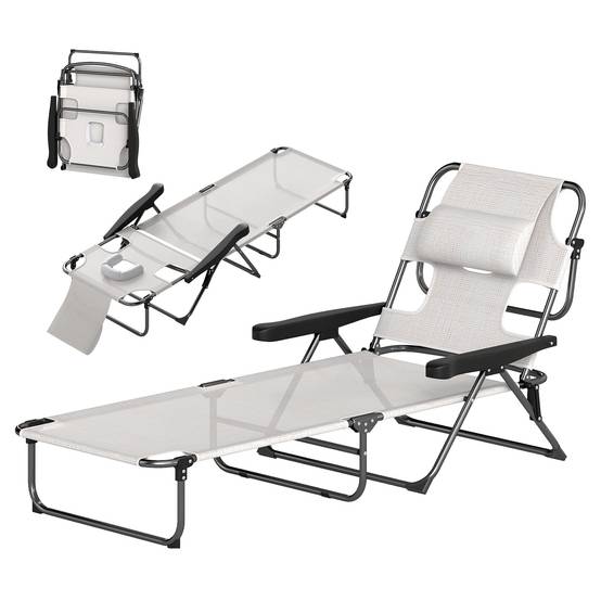 Chaise longue de jardin pliante acier trou de lecture dossier réglable crème - ComfortXL Outdoor Living - Image 2