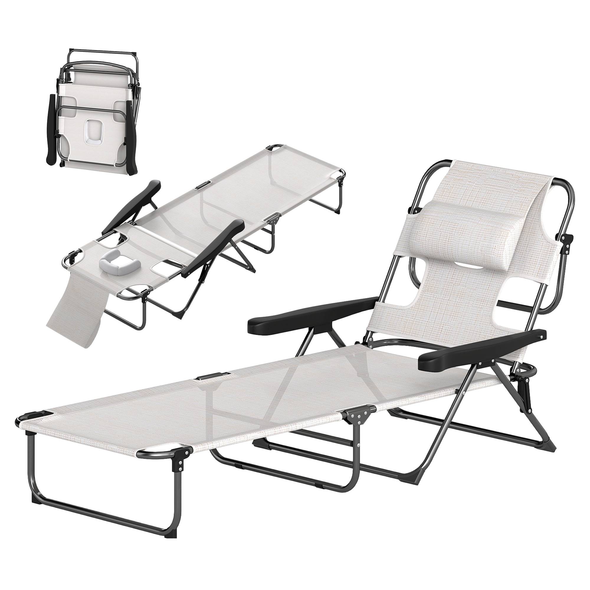 Chaise longue de jardin pliante acier trou de lecture dossier réglable crème - ComfortXL Outdoor Living - Image 2