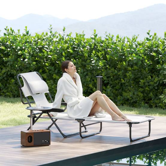 Chaise longue de jardin pliante acier trou de lecture dossier réglable crème - ComfortXL Outdoor Living - Image 3