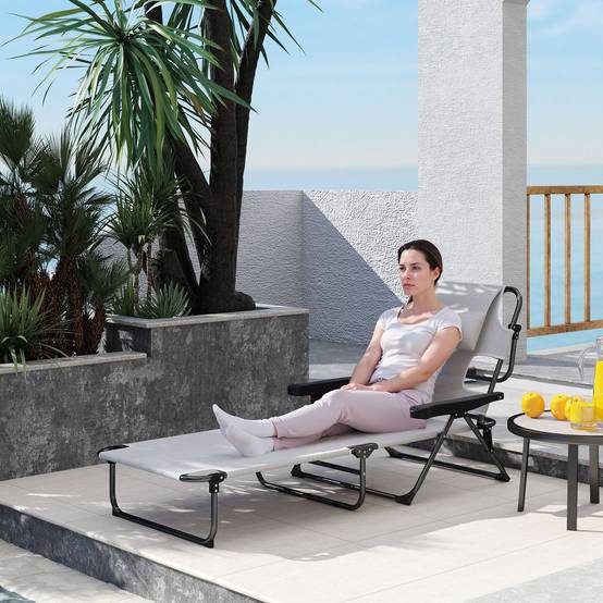 Chaise longue de jardin pliante acier trou de lecture dossier réglable crème - ComfortXL Outdoor Living - Image 4