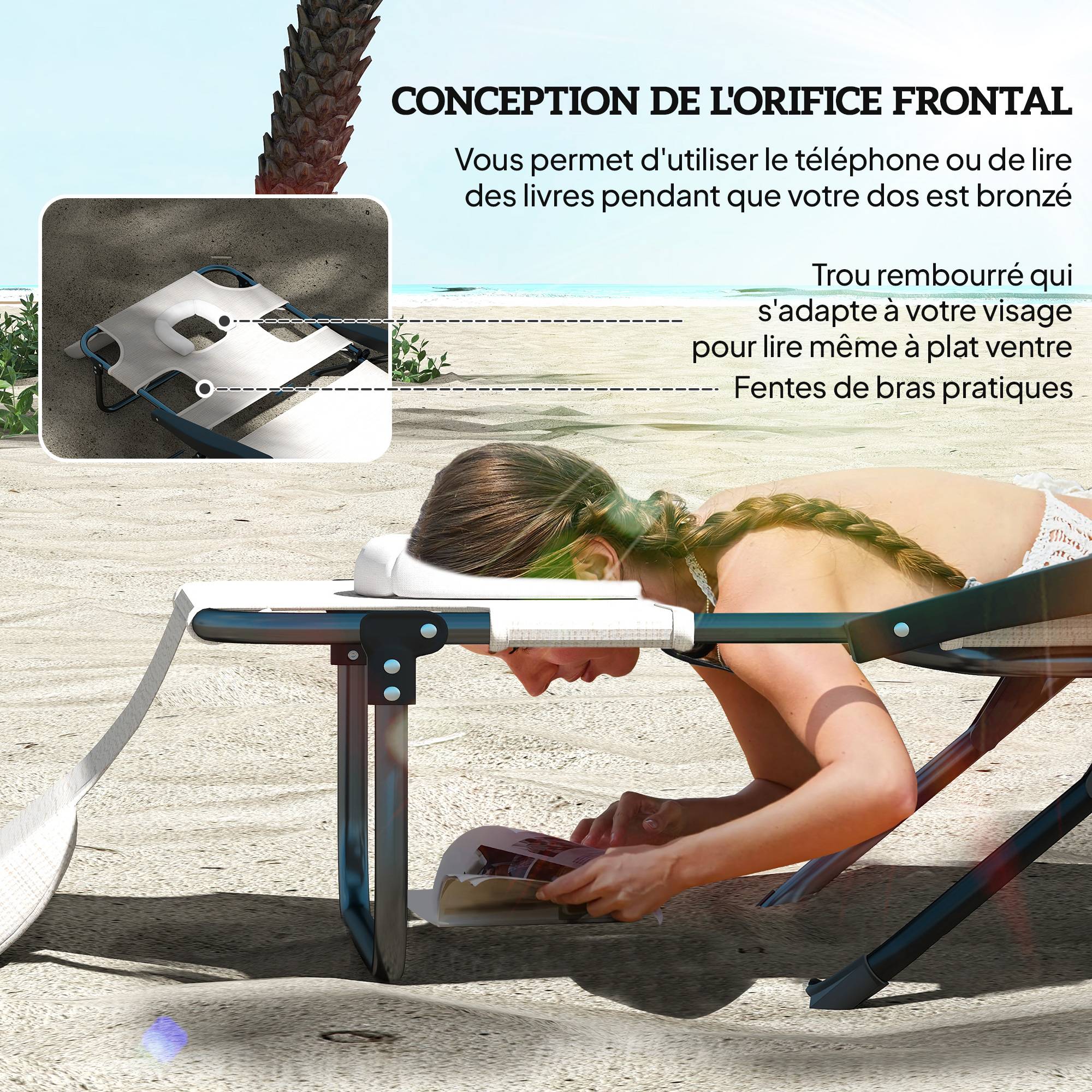 Chaise longue de jardin pliante acier trou de lecture dossier réglable crème - ComfortXL Outdoor Living - Image 6