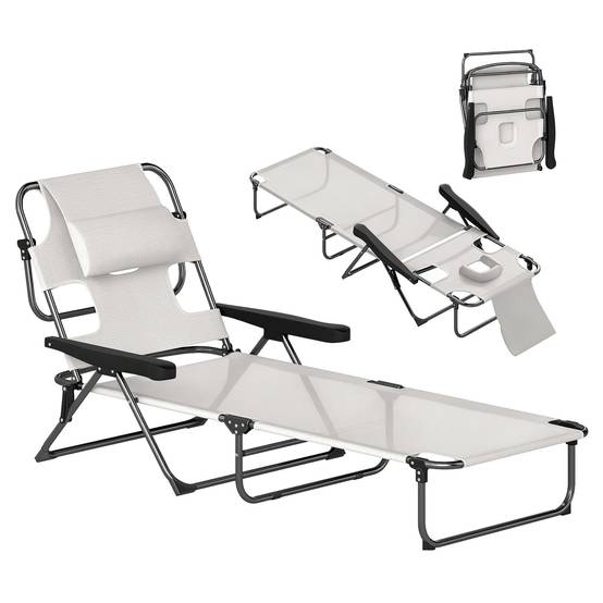 Chaise longue de jardin pliante acier trou de lecture dossier réglable crème - ComfortXL Outdoor Living - Image 1