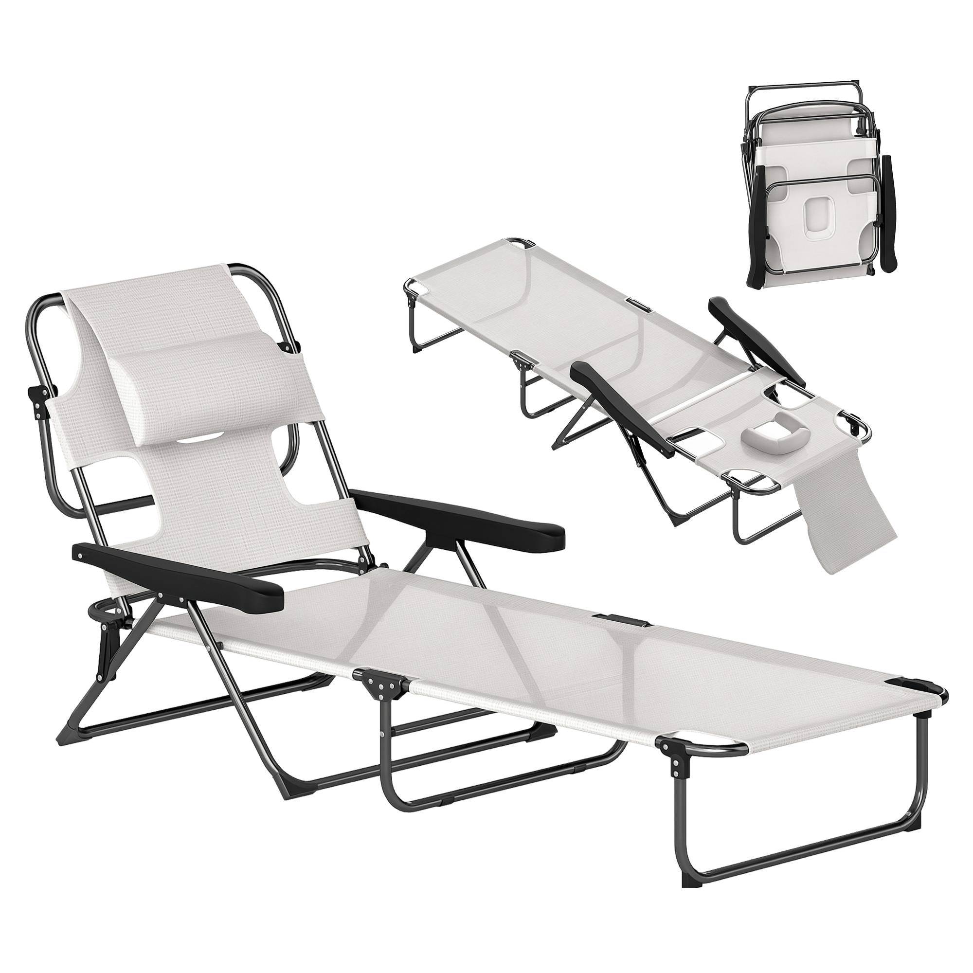 Chaise longue de jardin pliante acier trou de lecture dossier réglable crème - ComfortXL Outdoor Living - Image 1