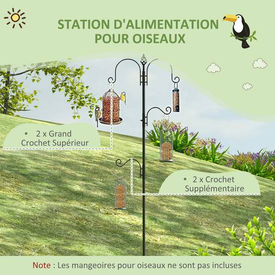 Station alimentation oiseaux acier 4 crochets réglables support jardin 208cm noir - ComfortXL Outdoor Living - Image 6