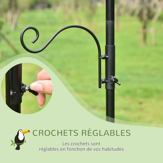 Station alimentation oiseaux acier 4 crochets réglables support jardin 208cm noir - ComfortXL Outdoor Living - Image 7