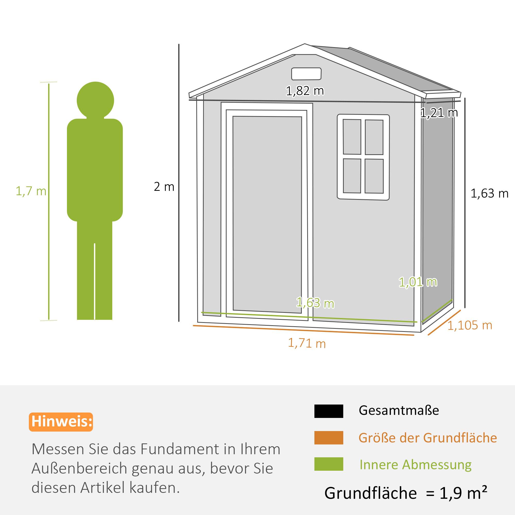 Abri de jardin 1,9 m² 182x121x200 cm toit pente plancher porte verrouillable, cabanon outils sécurisé - Image 5