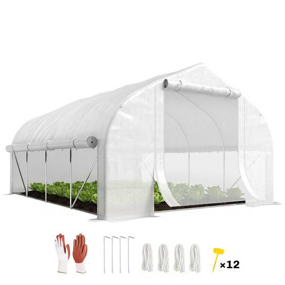Serre tunnel de jardin 12 m², serre de jardin tunnel avec porte et 8 fenêtres, bâche PE 140 g/m² 400 x 200 x 200cm blanc - Image 1