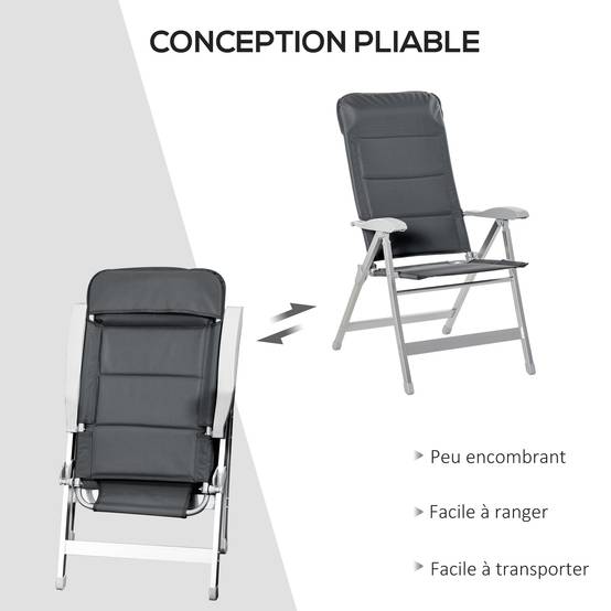 Lot de 2 chaises de jardin pliantes aluminium et tissu gris 75 x 61.5 x 115 cm - PANGIVO - Image 9