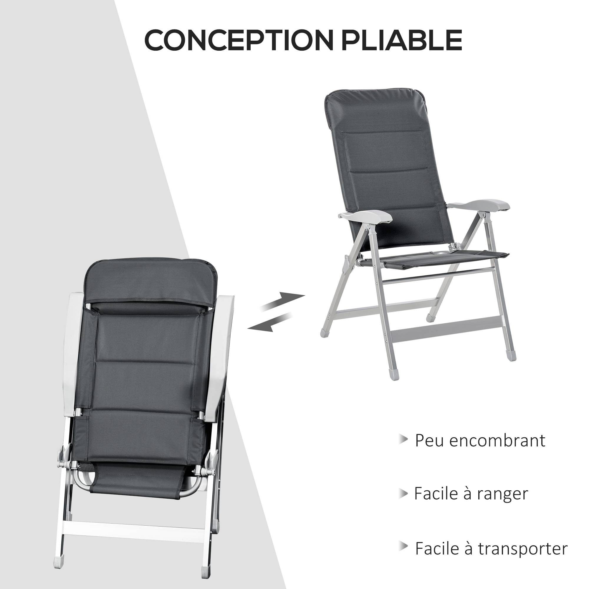 Lot de 2 chaises de jardin pliantes aluminium et tissu gris 75 x 61.5 x 115 cm - PANGIVO - Image 9