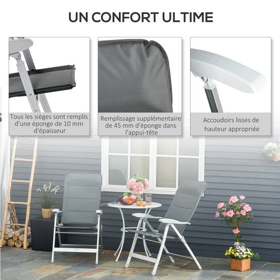 Lot de 2 chaises de jardin pliantes aluminium et tissu gris 75 x 61.5 x 115 cm - PANGIVO - Image 8