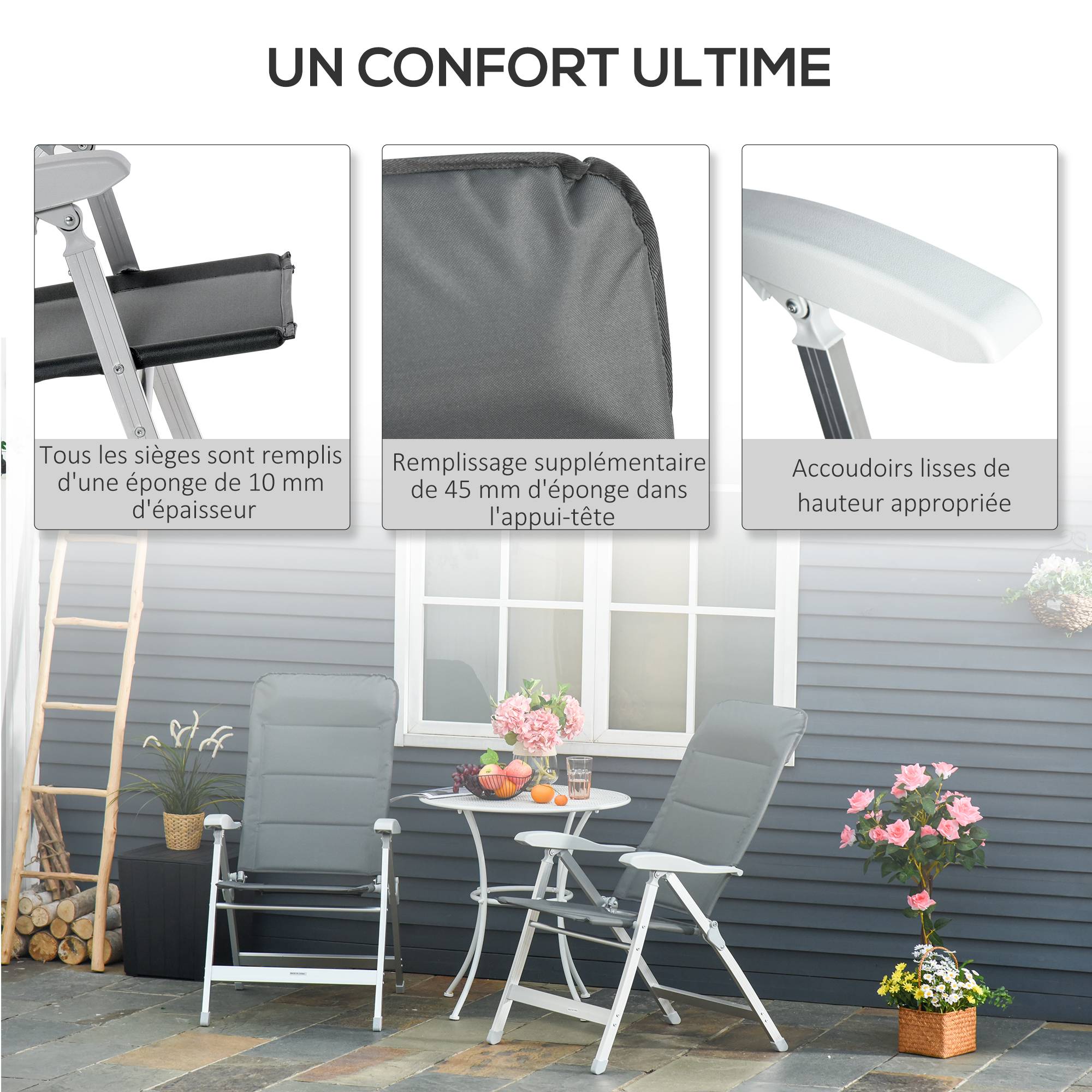 Lot de 2 chaises de jardin pliantes aluminium et tissu gris 75 x 61.5 x 115 cm - PANGIVO - Image 8