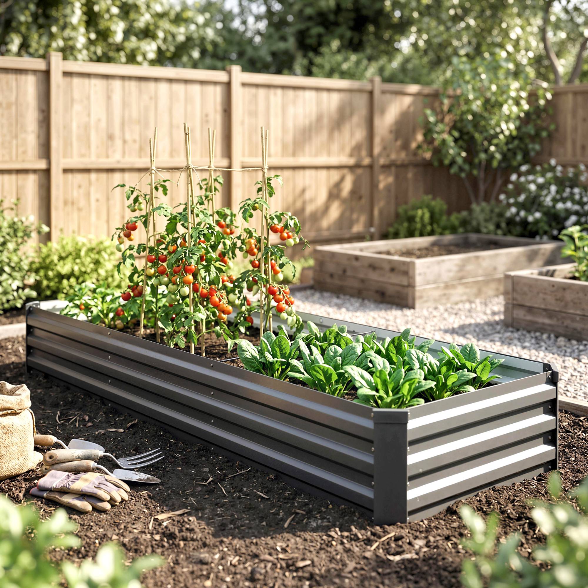 Sans Marque - Carré potager rectangulaire, lit de jardin surélevé en acier galvanisé, fond ouvert, 240 x 60 x 30 cm, gris foncé - Image 3
