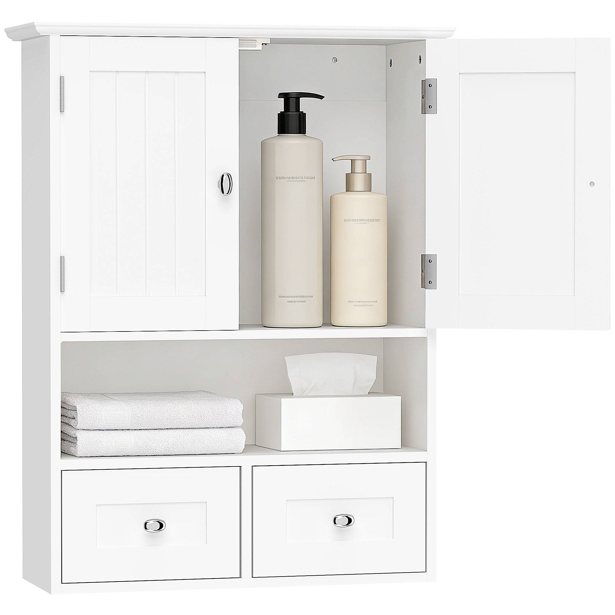 Sans Marque - Armoire murale salle bain 2 portes étagère ouverte 2 tiroirs bois blanche - Image 1