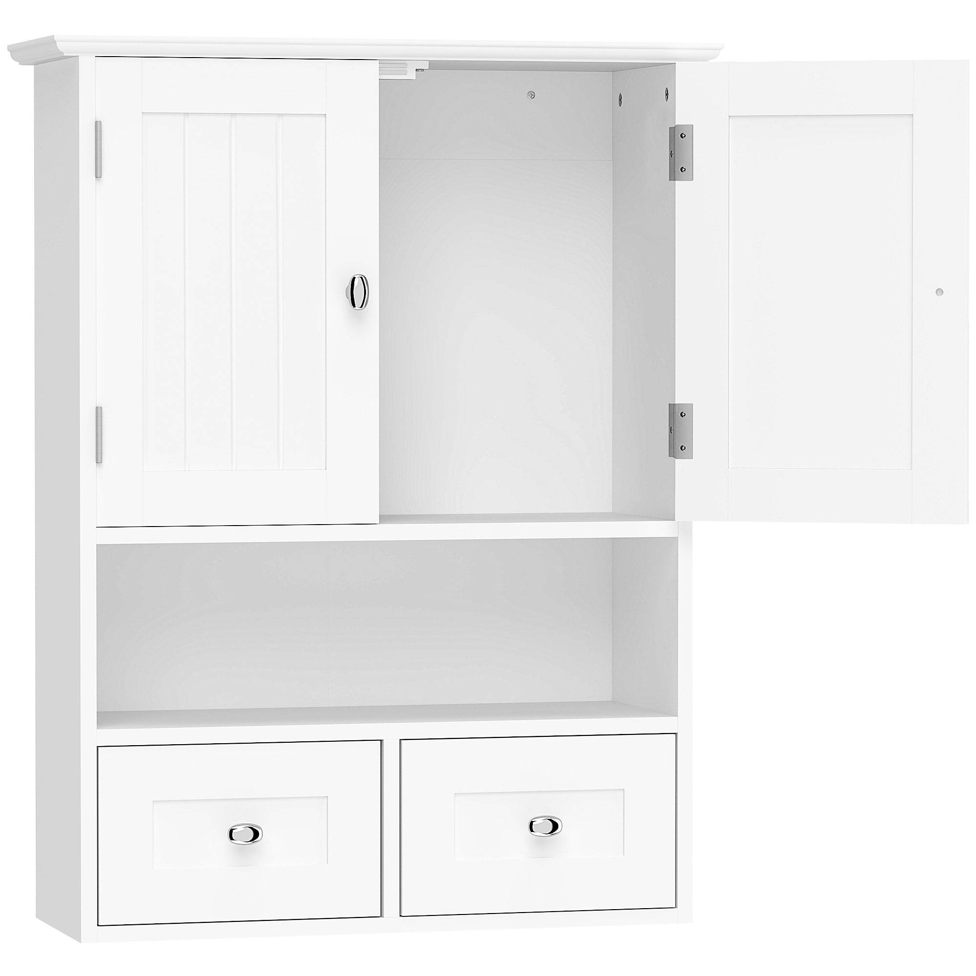 Sans Marque - Armoire murale salle bain 2 portes étagère ouverte 2 tiroirs bois blanche - Image 2