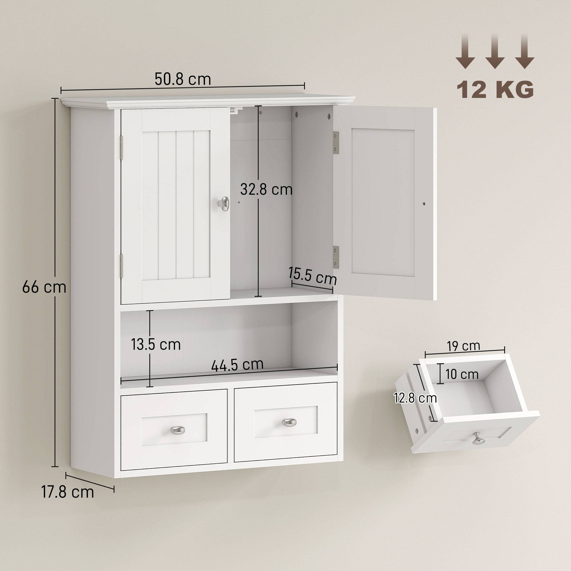 Sans Marque - Armoire murale salle bain 2 portes étagère ouverte 2 tiroirs bois blanche - Image 5
