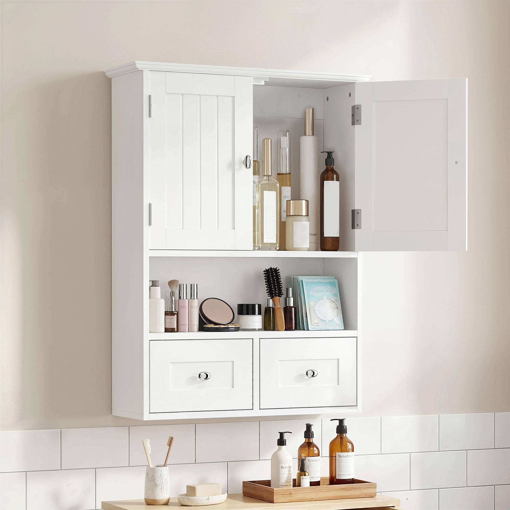 Sans Marque - Armoire murale salle bain 2 portes étagère ouverte 2 tiroirs bois blanche - Image 4