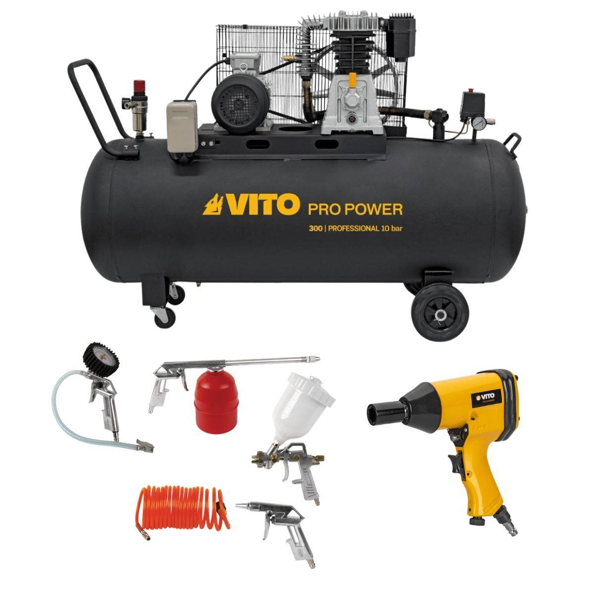 Vito - Compresseur d'air 300L 10Bar 500L/min + Clé à choc pneumatique 310Nm + Outils de Gonflage Soufflage Peinture Garage Atelier VITO - Image 1