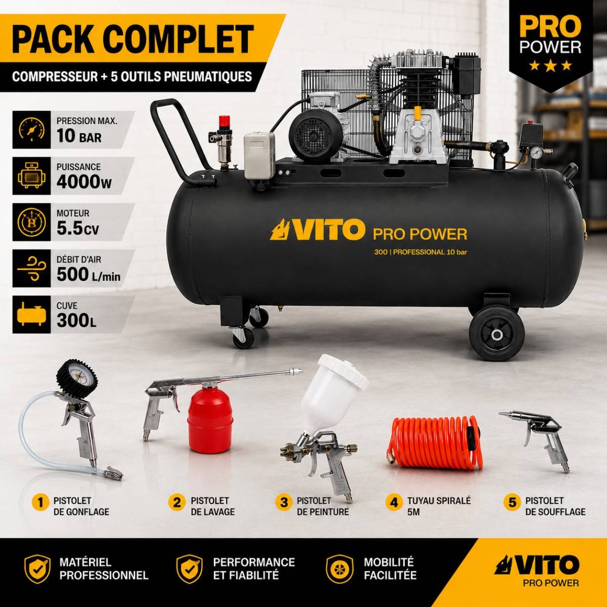 Vito - Compresseur d'air 300L 10Bar 500L/min + Clé à choc pneumatique 310Nm + Outils de Gonflage Soufflage Peinture Garage Atelier VITO - Image 2
