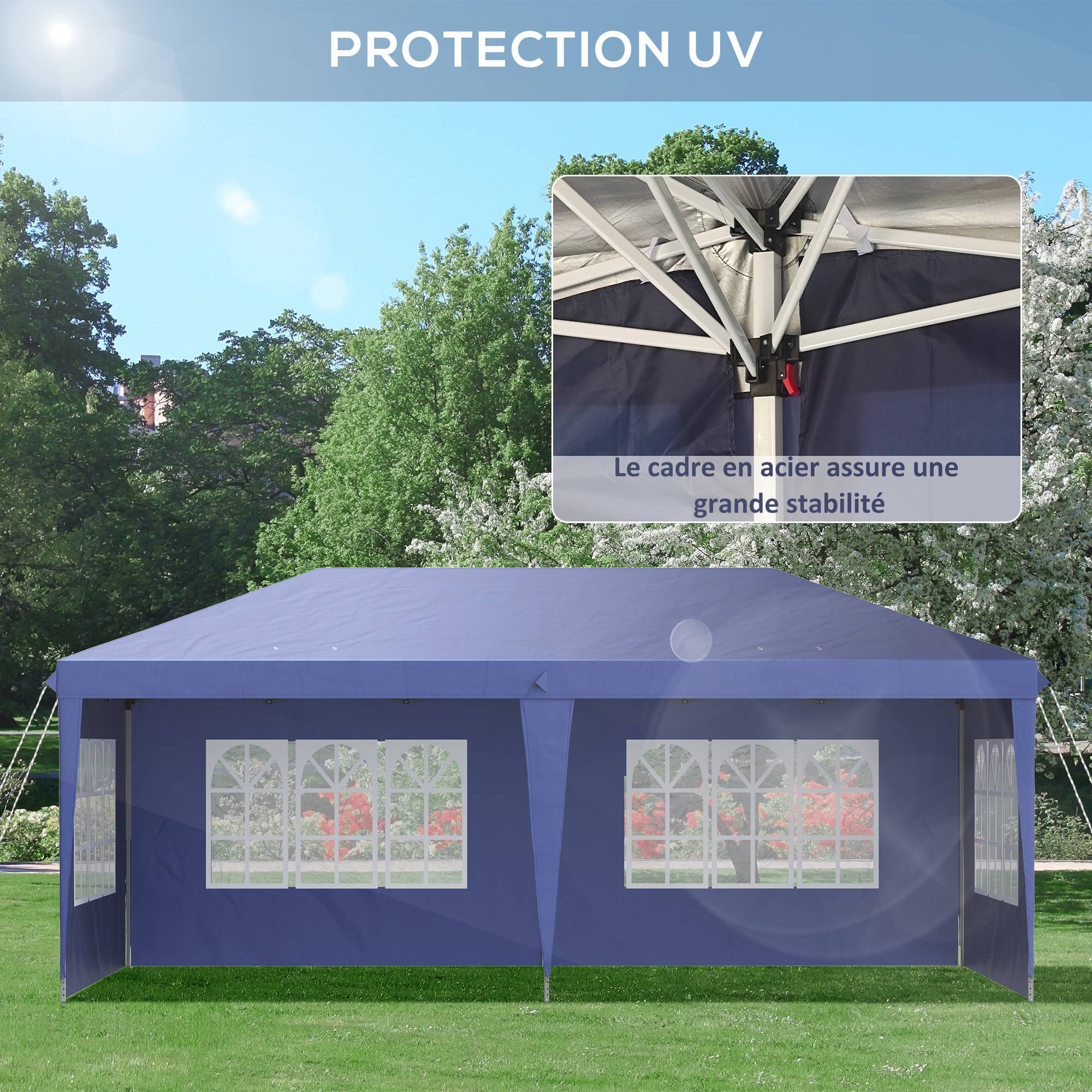 Outsunny - Tonnelle pliante pop-up 3x6m avec 3 côtés démontables, piquets d'ancrage et sac de transport bleu -Outsunny - Image 5
