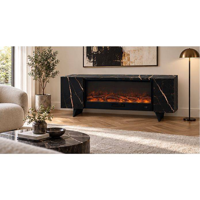 Meuble en gres cerame noir Marquina pour cheminee electrique