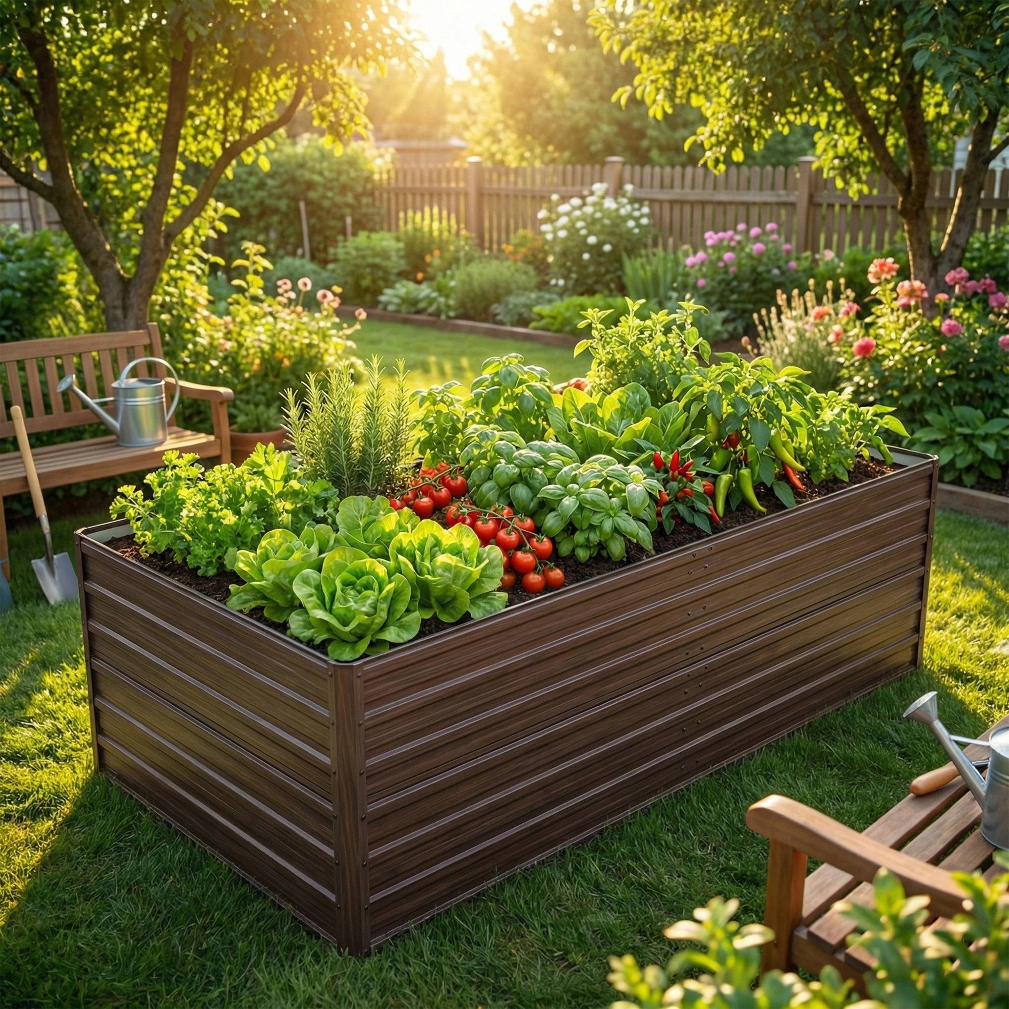 Carré potager surélevé métal jardin culture légumes 219x112x64cm effet bois - ComfortXL Outdoor Living - Image 1