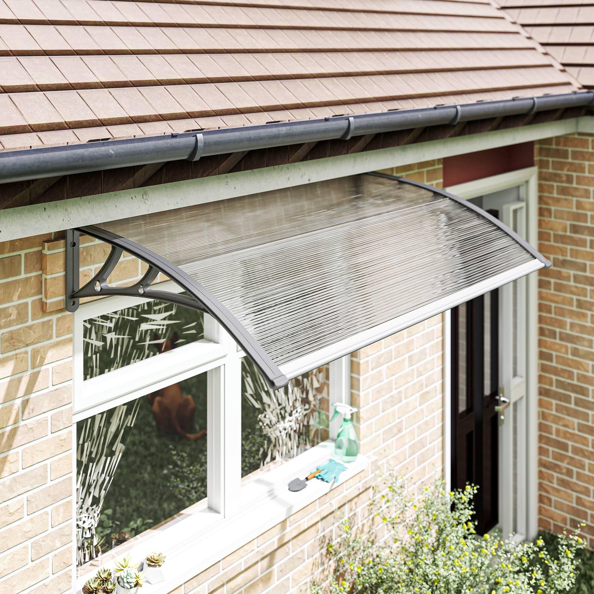 Auvent Fenêtre Polycarbonate Aluminium Protection Intempéries Fixation Murale 110x60cm Gris - ComfortXL Outdoor Living - Image 4