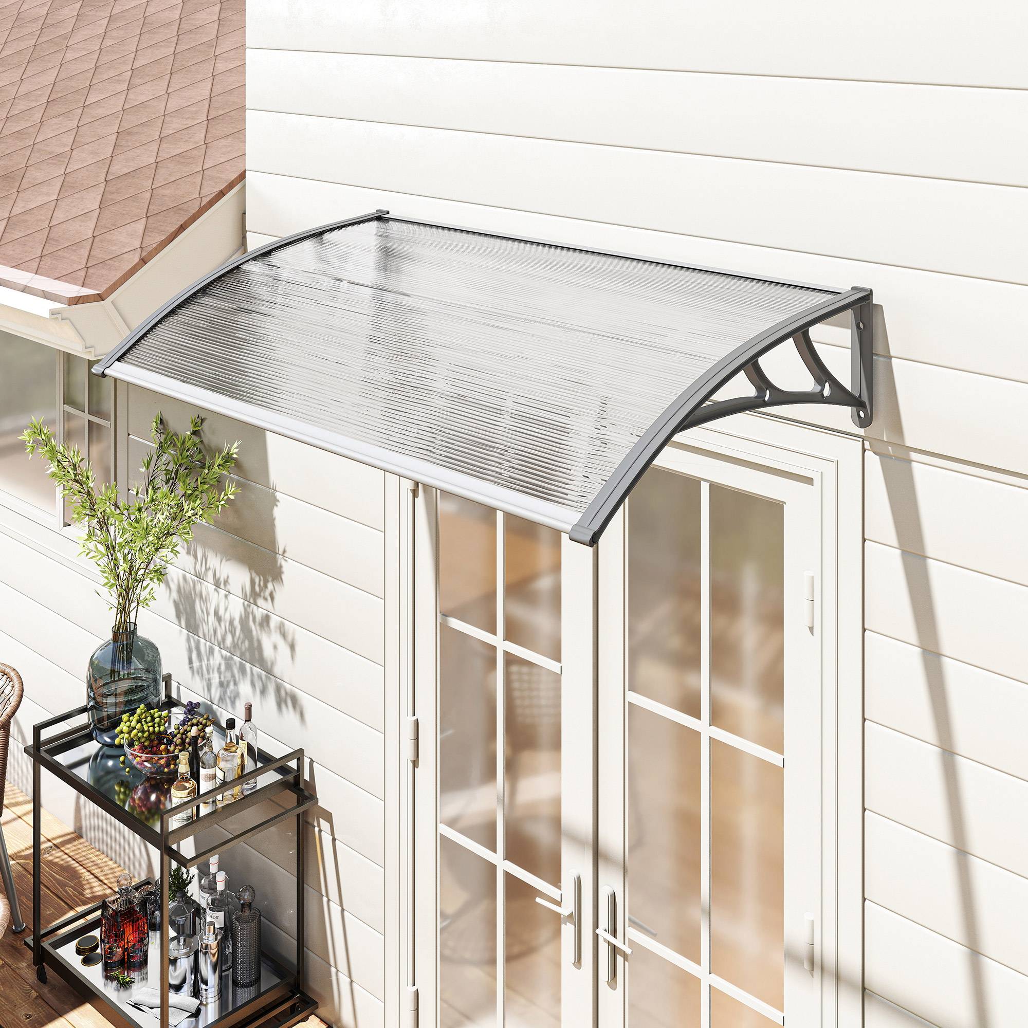 Auvent Fenêtre Polycarbonate Aluminium Protection Intempéries Fixation Murale 110x60cm Gris - ComfortXL Outdoor Living - Image 3