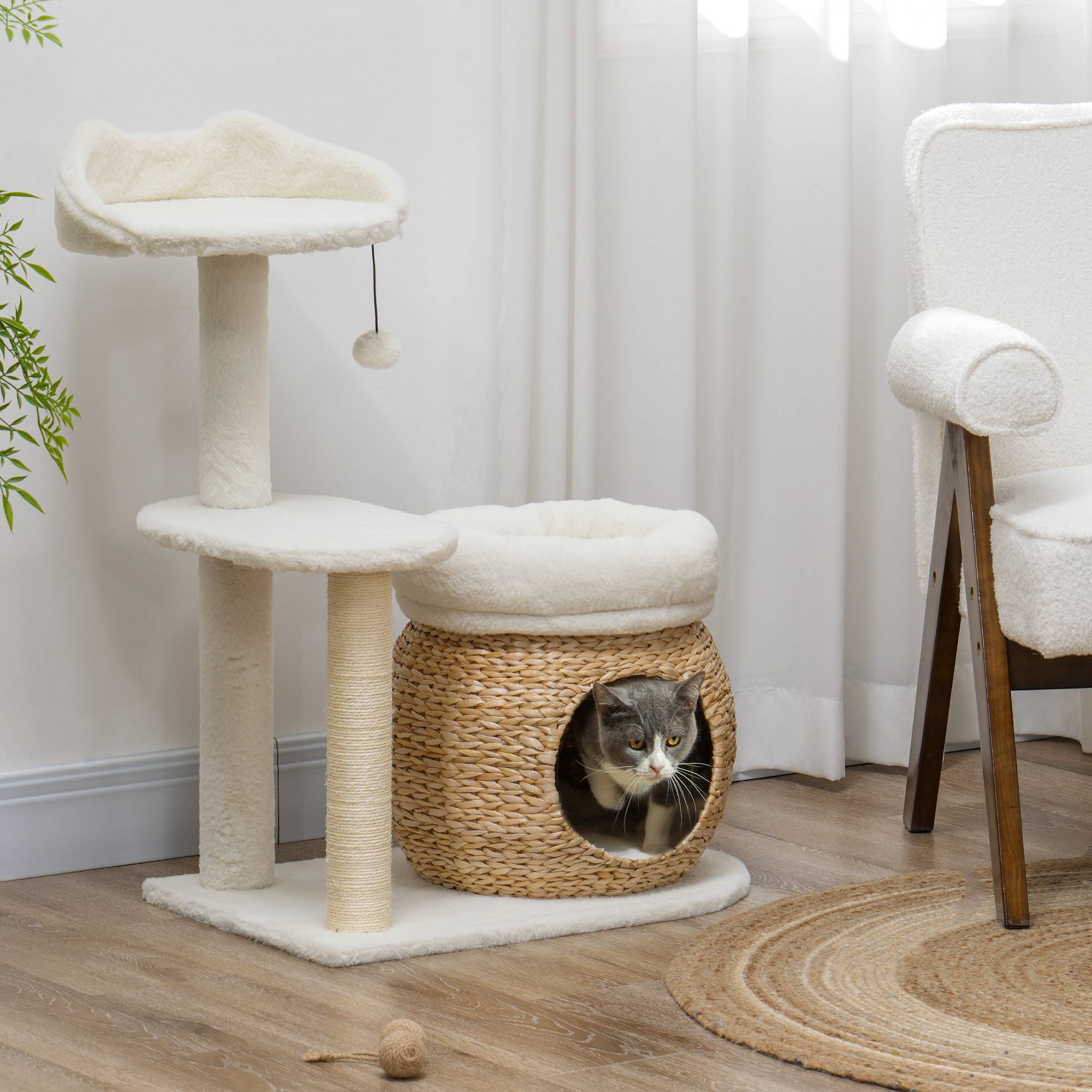 ComfortXL - Arbre à chat bois jonc chats cachette griffoir 60x40x79cm blanc - ComfortXL Outdoor Living - Image 4