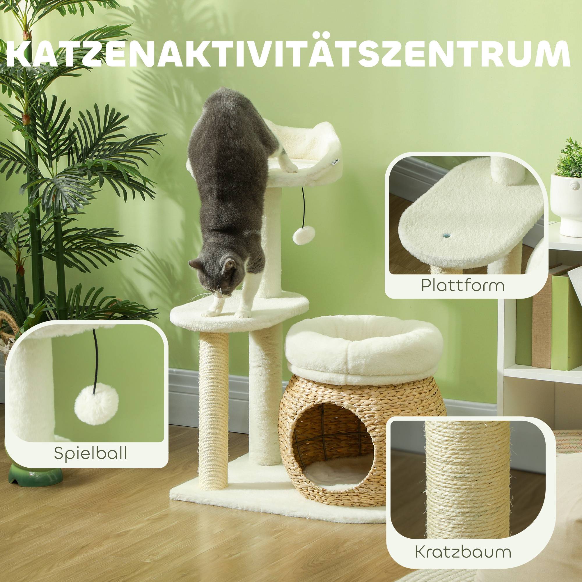 ComfortXL - Arbre à chat bois jonc chats cachette griffoir 60x40x79cm blanc - ComfortXL Outdoor Living - Image 6