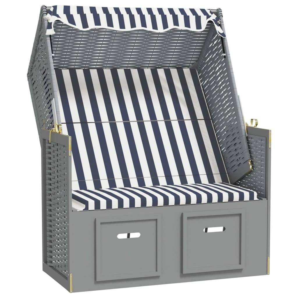 Helloshop26 - Strandkorb avec auvent résine tressée et bois solide bleu blanc - Image 1