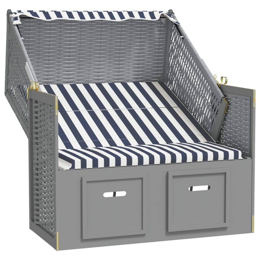 Helloshop26 - Strandkorb avec auvent résine tressée et bois solide bleu blanc - Image 2