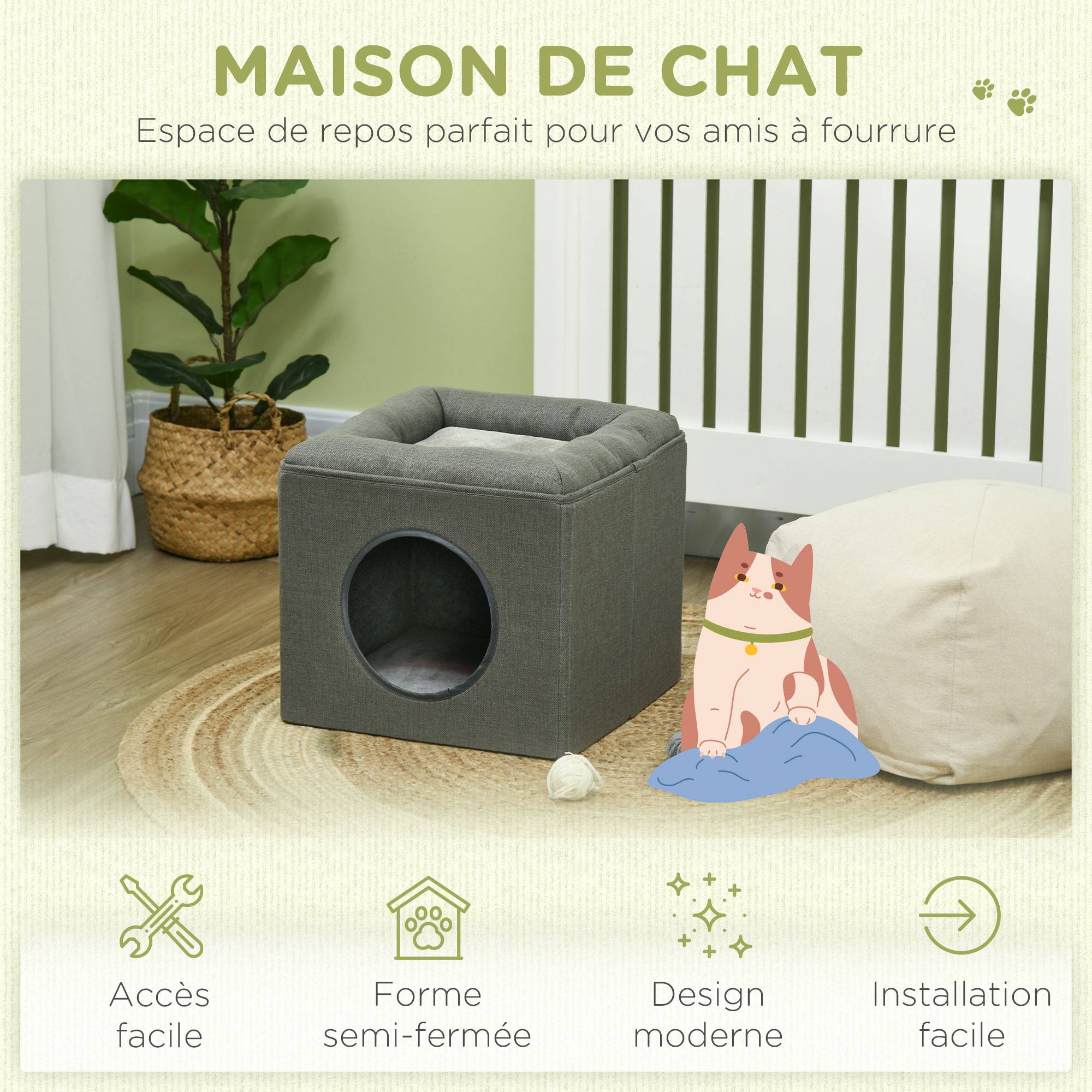 Niche maison MDF 2 niveaux pour chat espace repos observation coussin 36cm Gris - ComfortXL Outdoor Living - Image 9