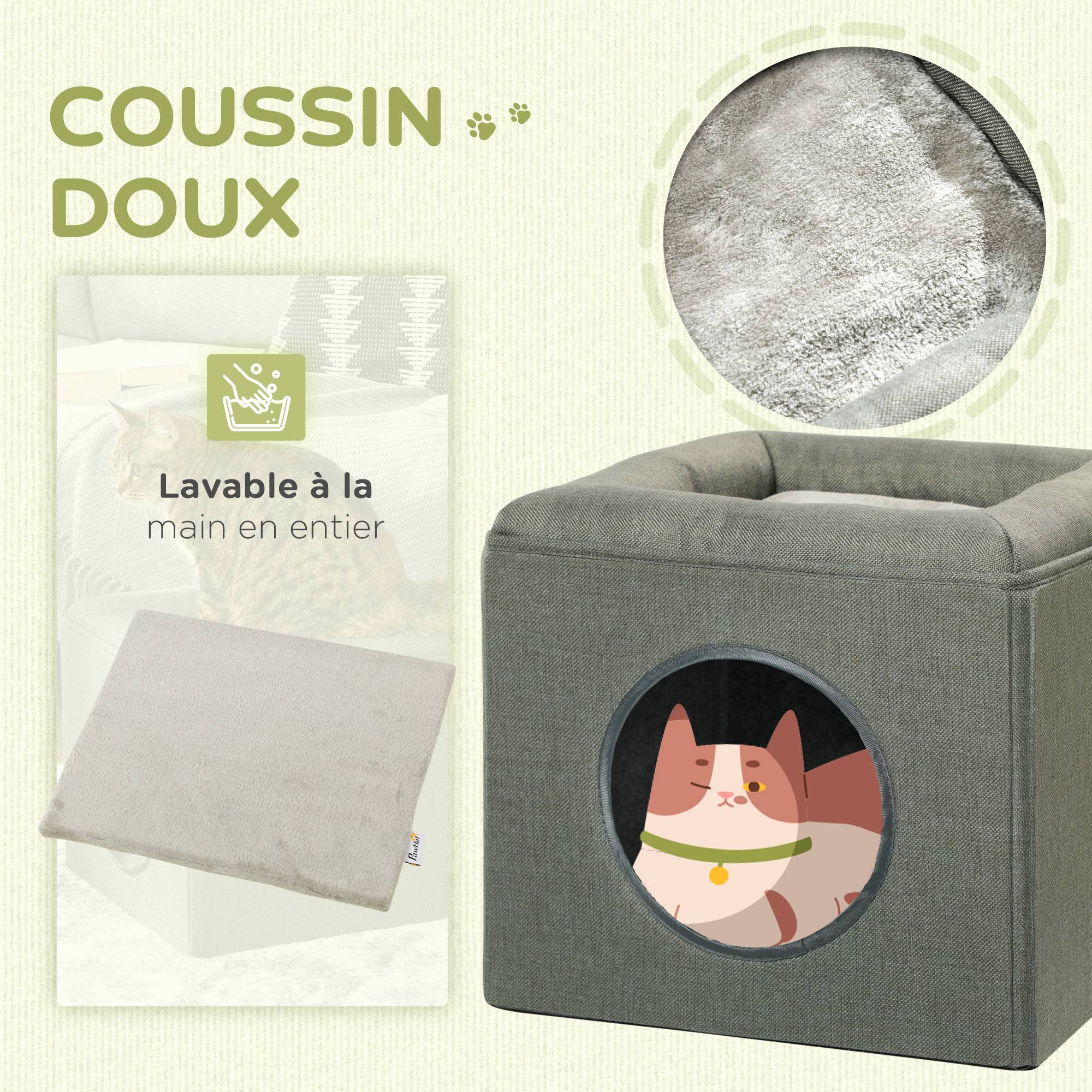 Niche maison MDF 2 niveaux pour chat espace repos observation coussin 36cm Gris - ComfortXL Outdoor Living - Image 7