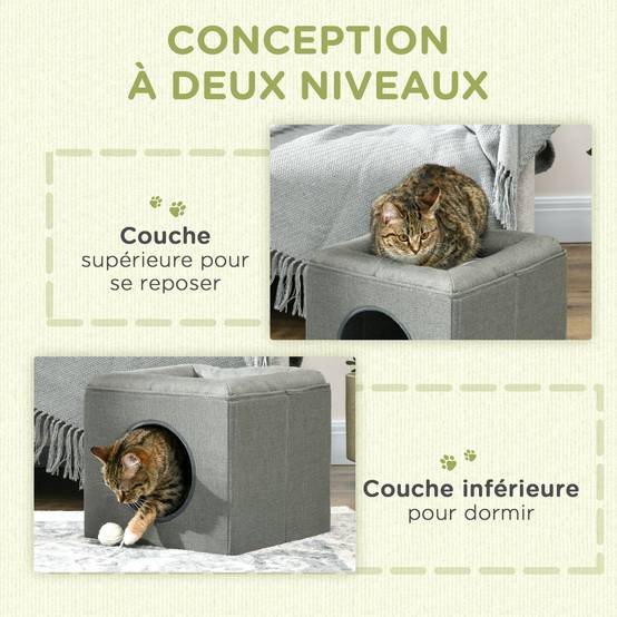 Niche maison MDF 2 niveaux pour chat espace repos observation coussin 36cm Gris - ComfortXL Outdoor Living - Image 6