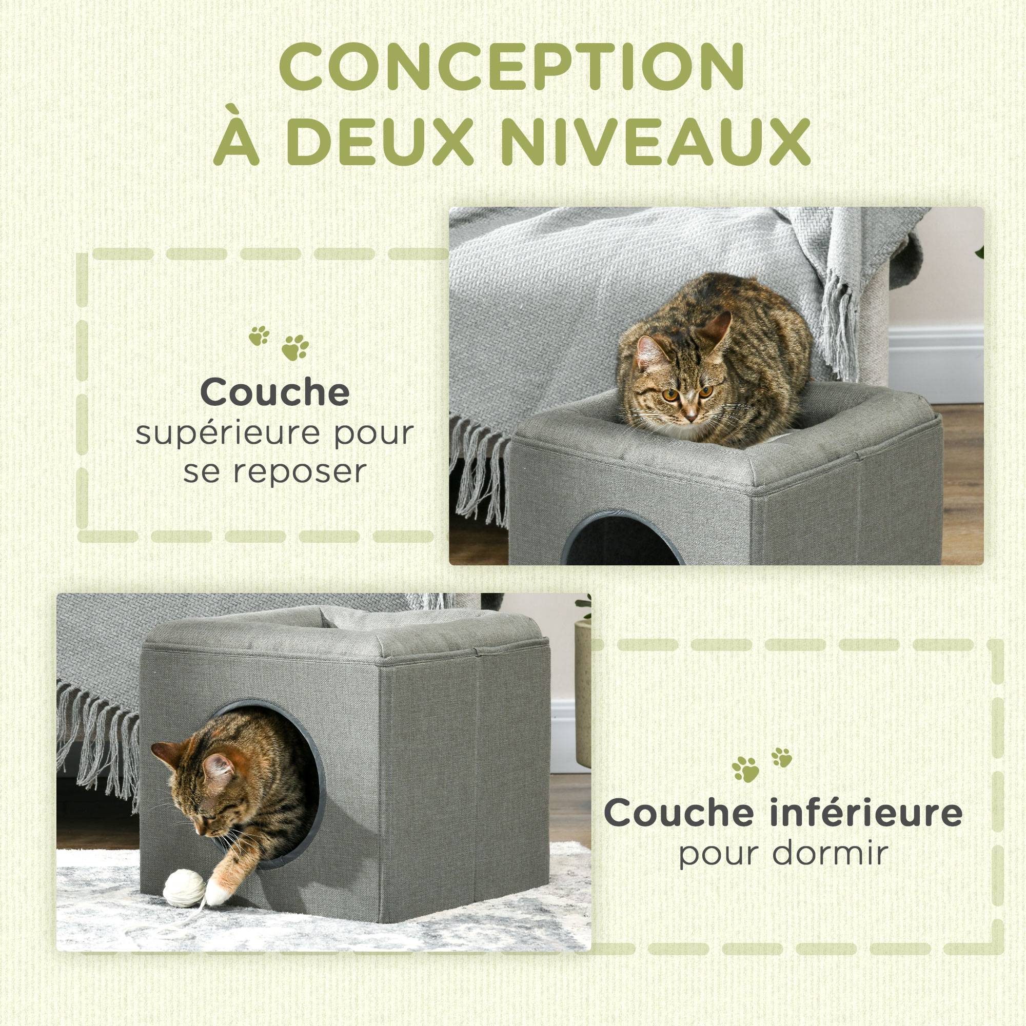 Niche maison MDF 2 niveaux pour chat espace repos observation coussin 36cm Gris - ComfortXL Outdoor Living - Image 6