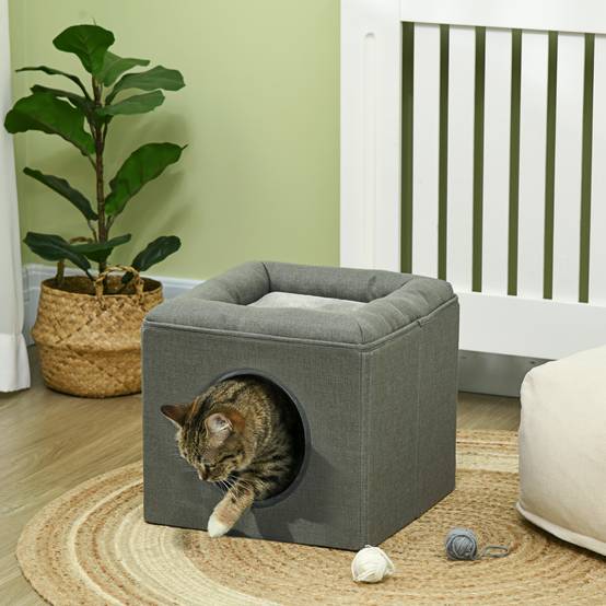 Niche maison MDF 2 niveaux pour chat espace repos observation coussin 36cm Gris - ComfortXL Outdoor Living - Image 4