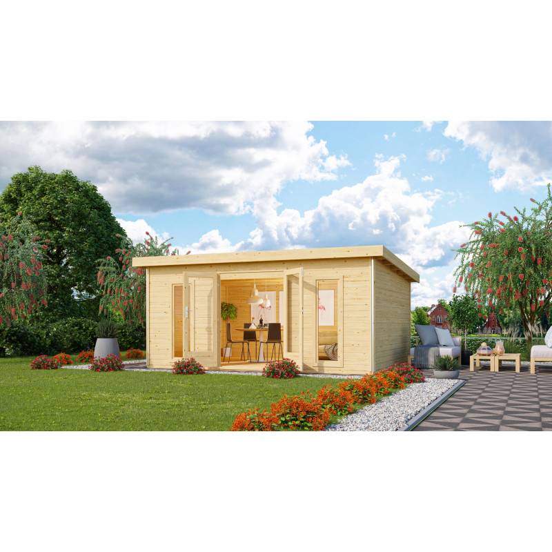 Abri de jardin bois épicéa 18,08m² toit plat 40mm Radeburg 4 Karibu marron avec embase autoclave - Image 1